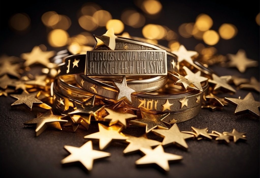 A pile of gold stars on a black background, perfect for Reviewing and sharing on the Feetify Social Platform.
