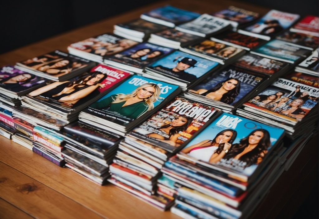 A stack of magazines featuring celebrity foot fashion on a wooden table.