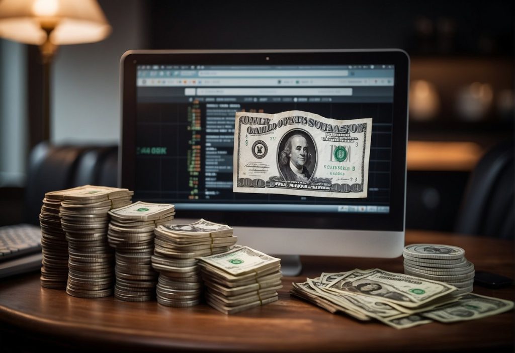 A stack of dollar bills on a desk next to a computer.
