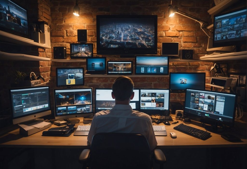 An Online UK businessman sitting at a desk with many monitors, focusing on Profitable Picture Sales.