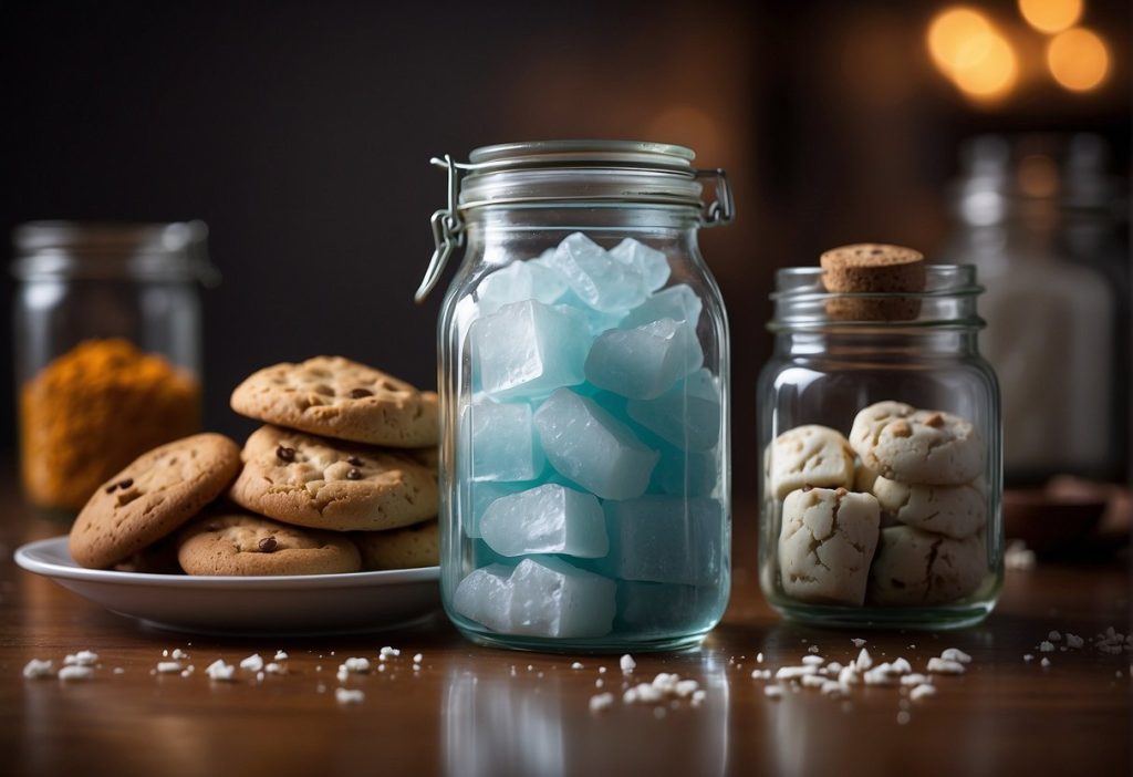 A glass jar with blue sugar and cookies on a wooden table.
