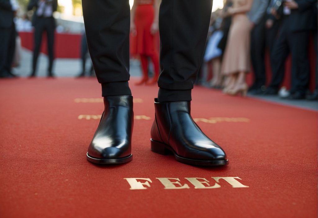 A person wearing black shoes on a red carpet, capturing the attention of FeetFinder enthusiasts and eager Celebrity Foot Photography fans.
