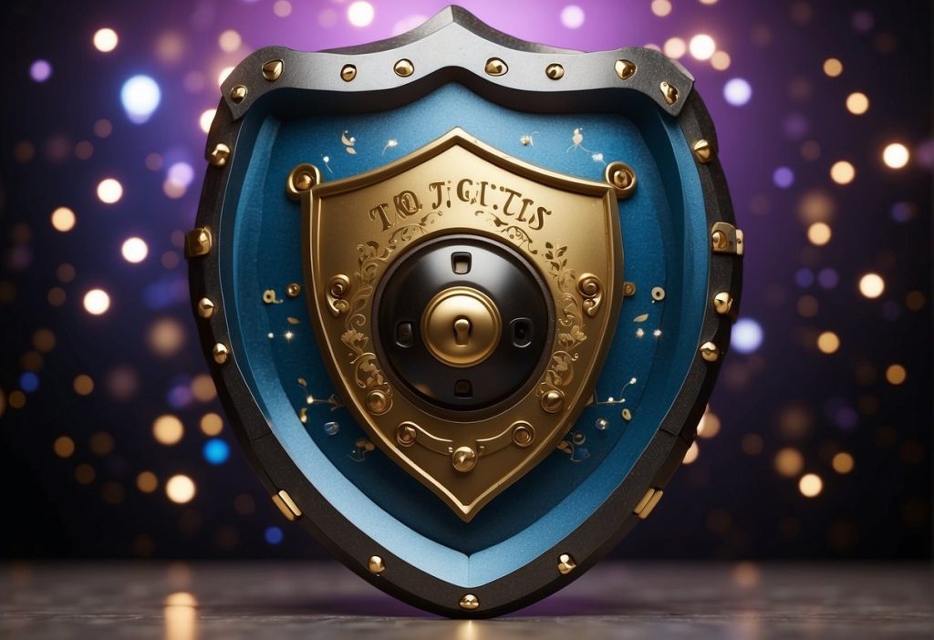 A blue and gold shield with a lock that represents the secure and lucrative Affilate Program.