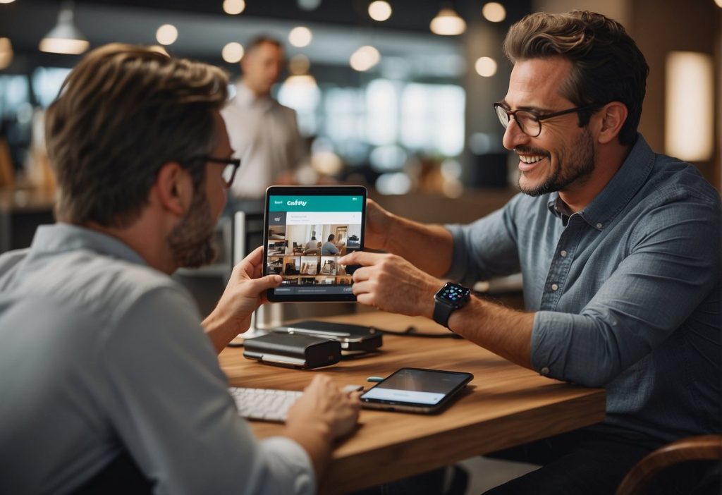 Two men sitting at a table providing hassle-free support to customers using a tablet.