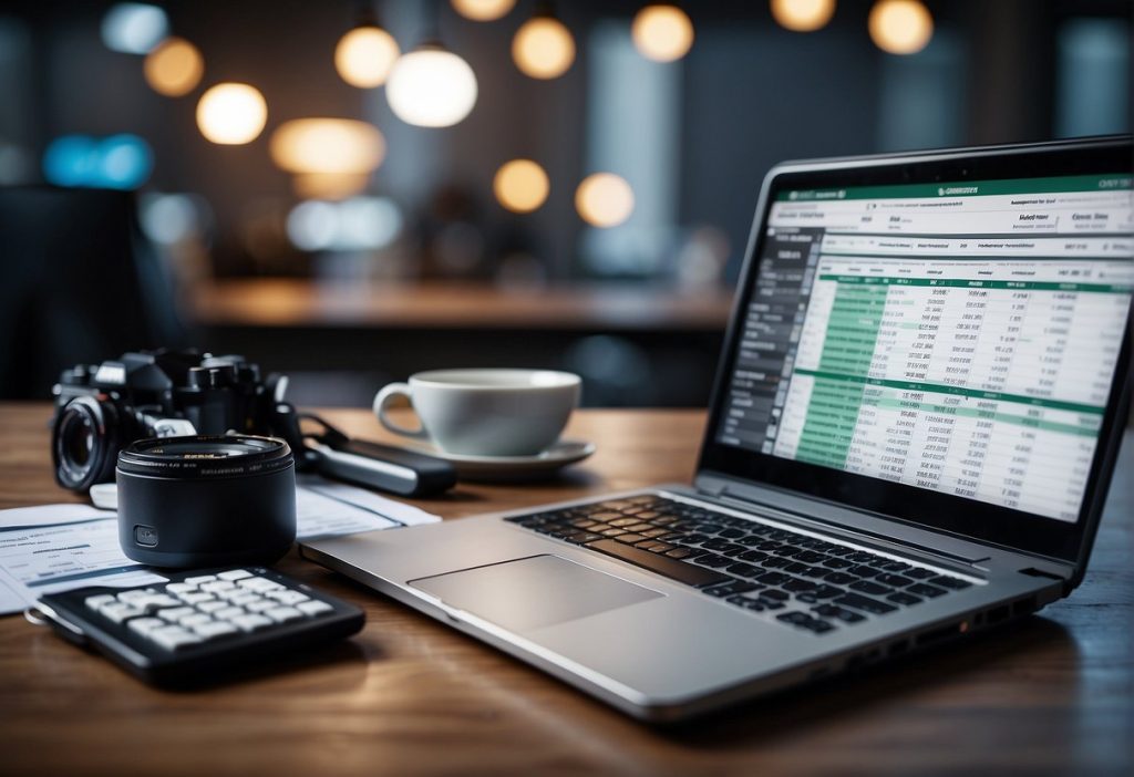A laptop on a wooden table with a camera.