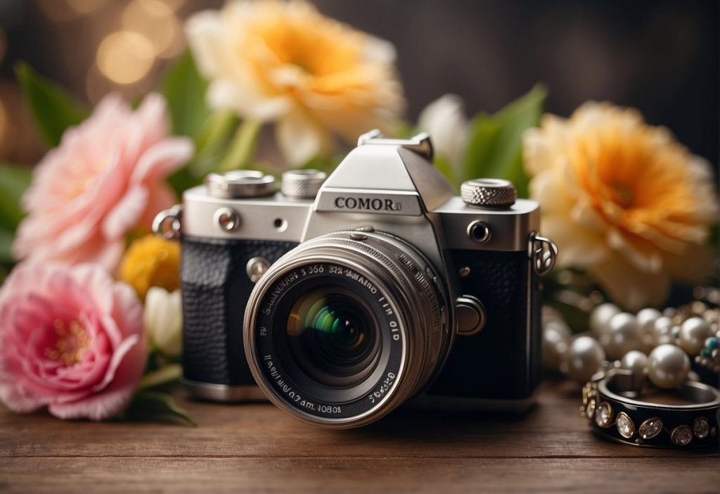 Canon dslr camera with flowers on a wooden table available for sale.