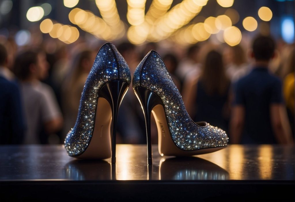 A pair of high heeled shoes on a table in front of a crowd, showcasing Celebrity Foot Fashion.