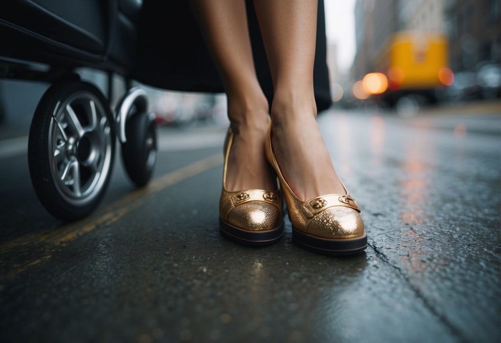A woman, wearing gold shoes, is seen on a city street.