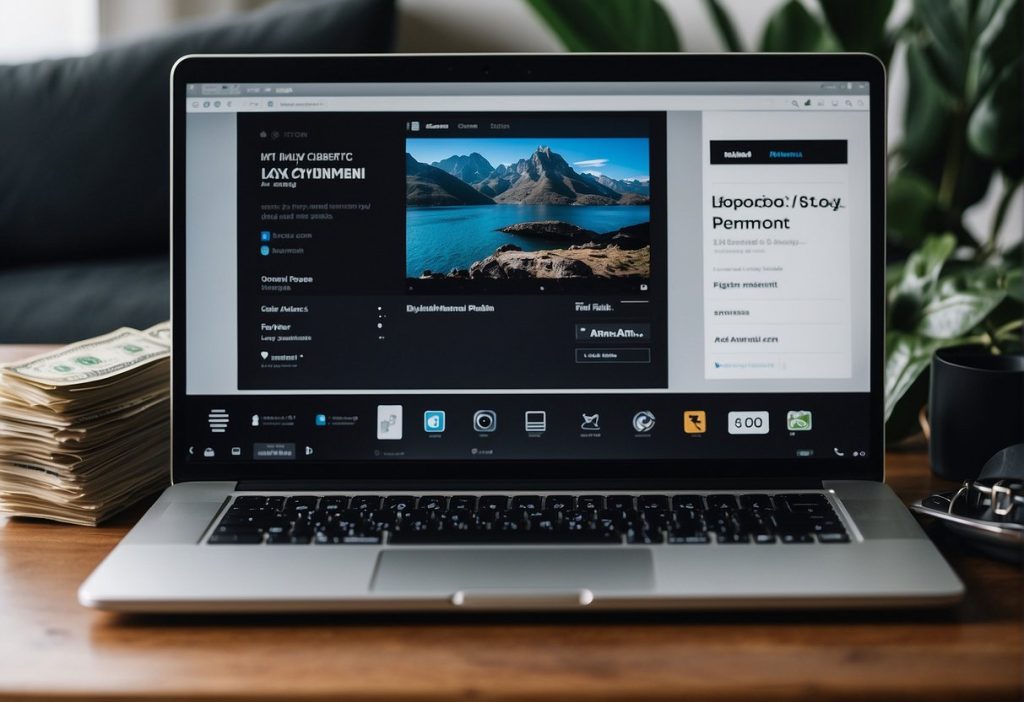 A laptop is displaying a monetized photo on a desk.