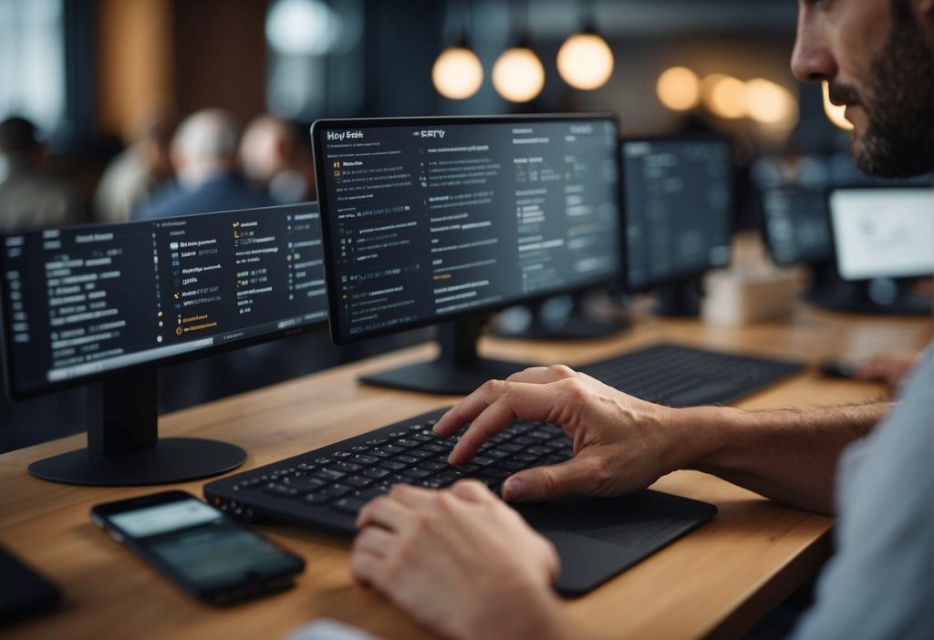 A man showcasing Customer Service Excellence at a desk with two monitors in front of him.