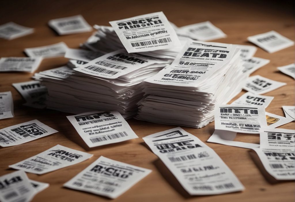 A stack of tickets on a table, beside a pair of Nikki Bella's feet.