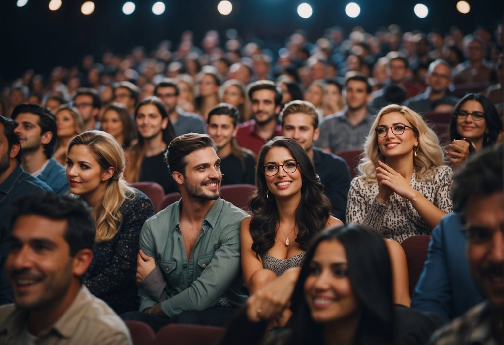 A group of people watching a controversial movie in the theater.