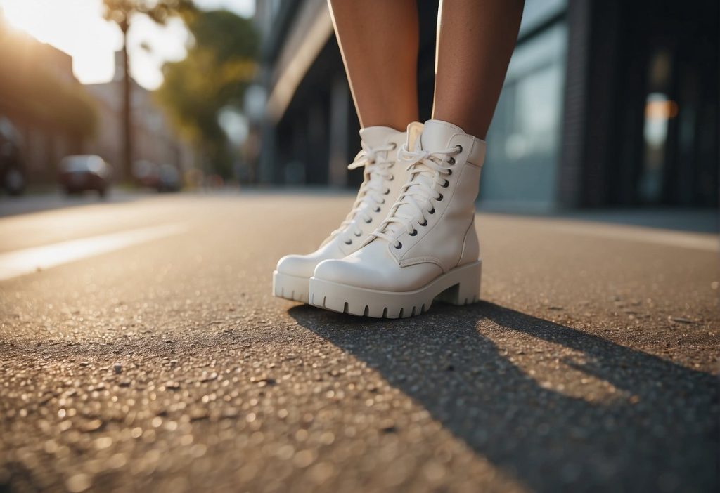 A woman wearing white boots on the street in a Celebrity Photo.