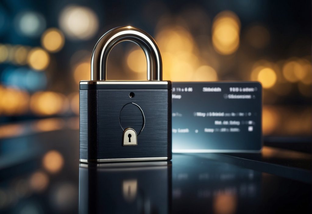 A profitable picture sales venture in the UK showcasing a padlock on a table, accompanied by a credit card.