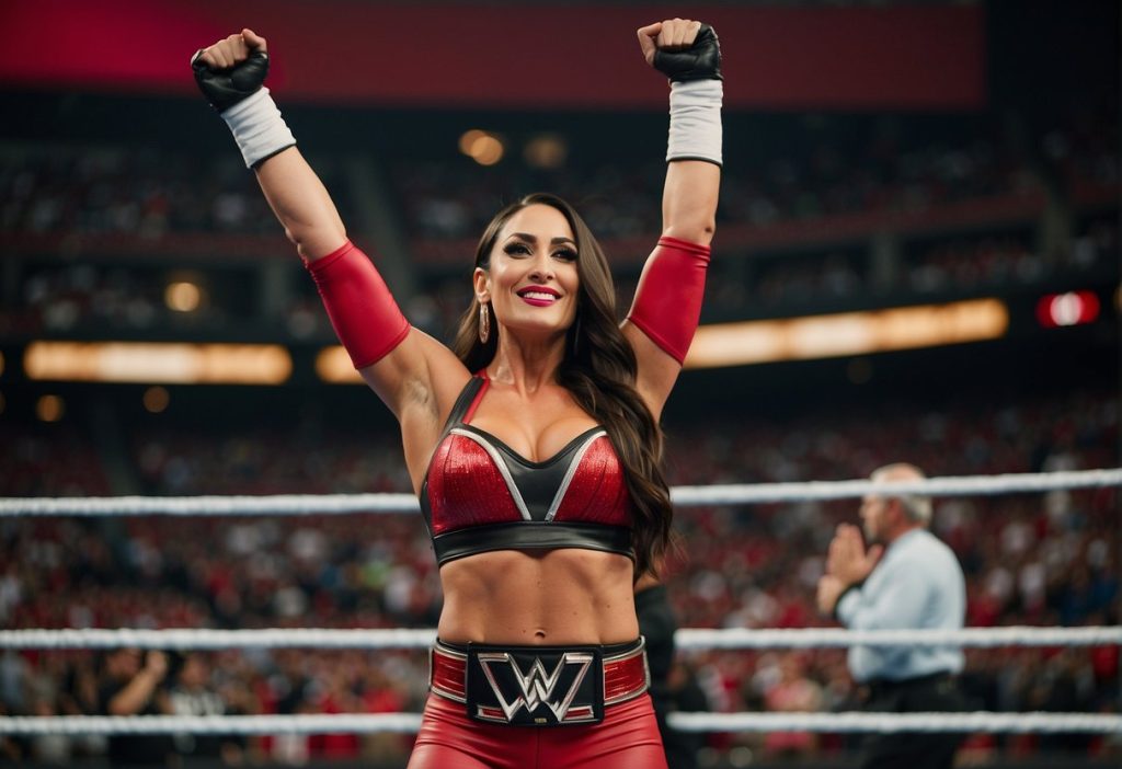 A woman in a red wrestling outfit, arms raised in the air like Nikki Bella.
