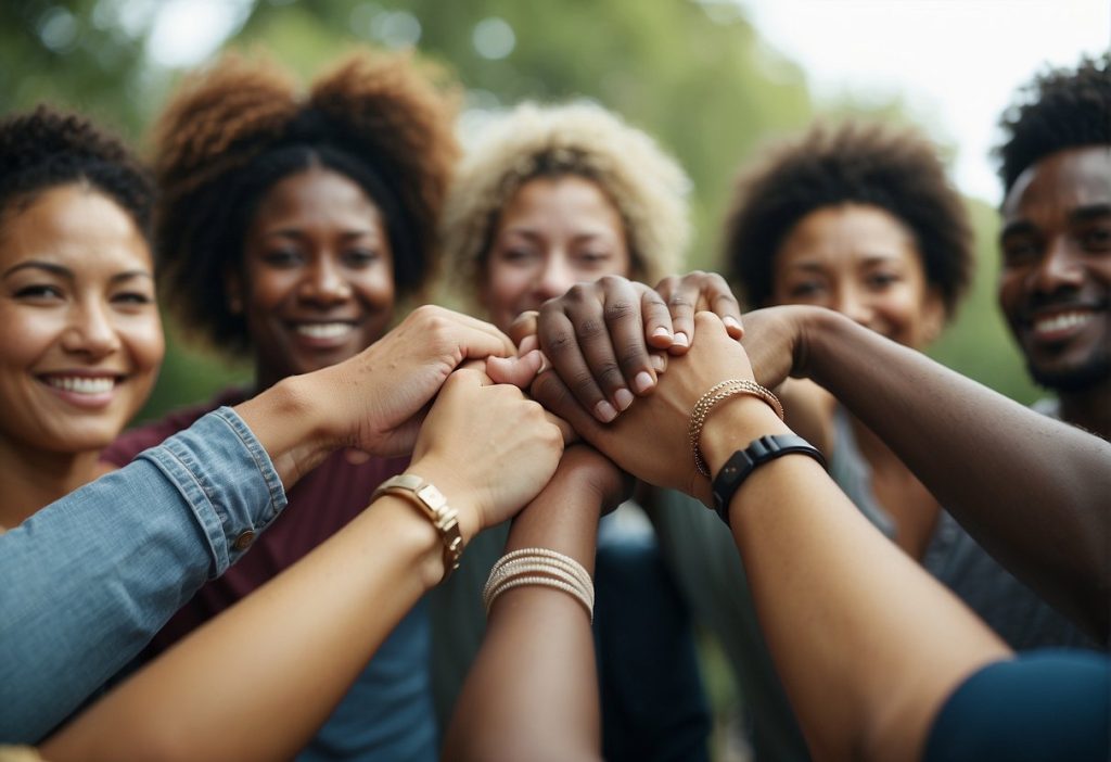 A group of people understandingly putting their hands together in a circle, with a recent service disruption.