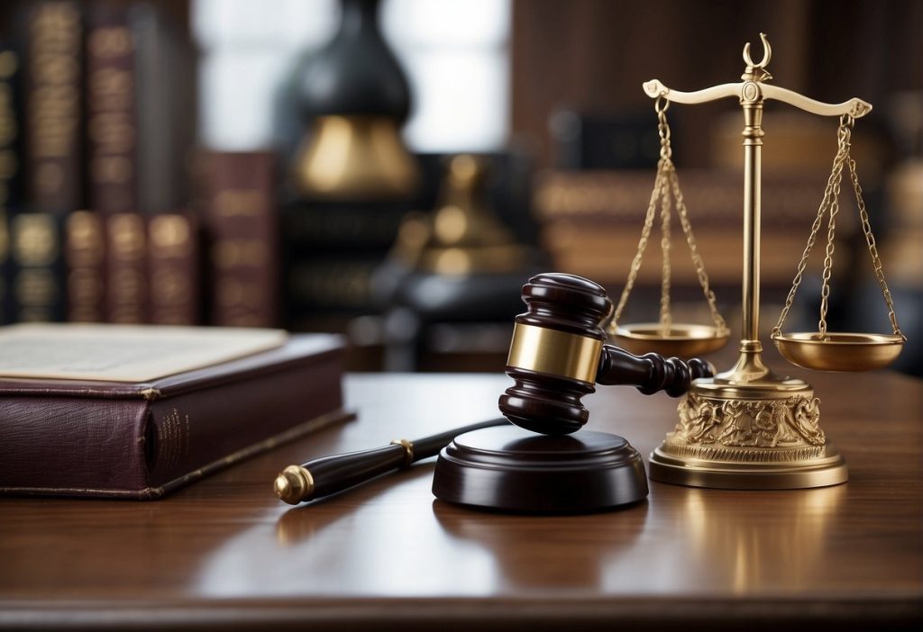 A judge's gavel and books sit on a table.
