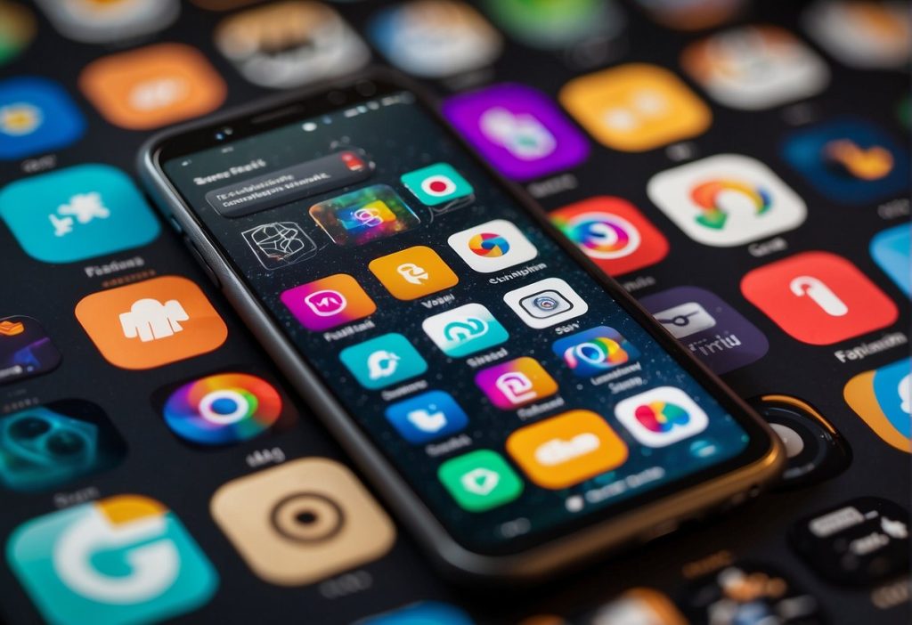 A smartphone with a variety of app icons, including FeetFinder.