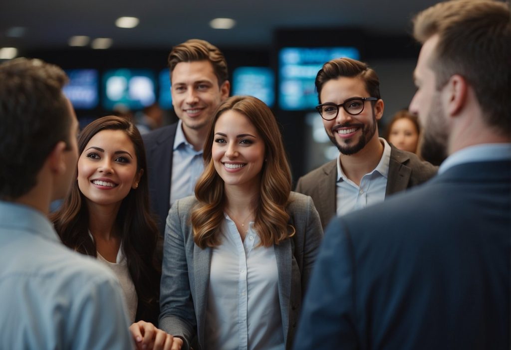 A group of business people discussing customer service excellence in an office.