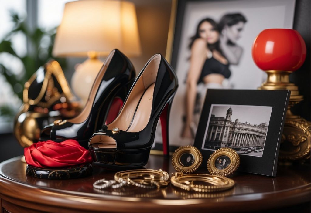 Christian Louboutin high heels and jewelry on a table, perfect for Celebrity Foot Fashion enthusiasts.