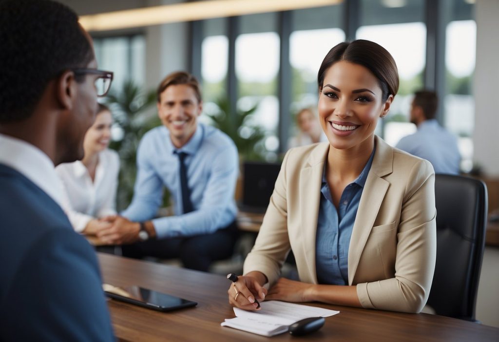 A smiling business woman sitting at a desk in an office, providing Hassle-Free Support to customers with Customer Service Excellence.