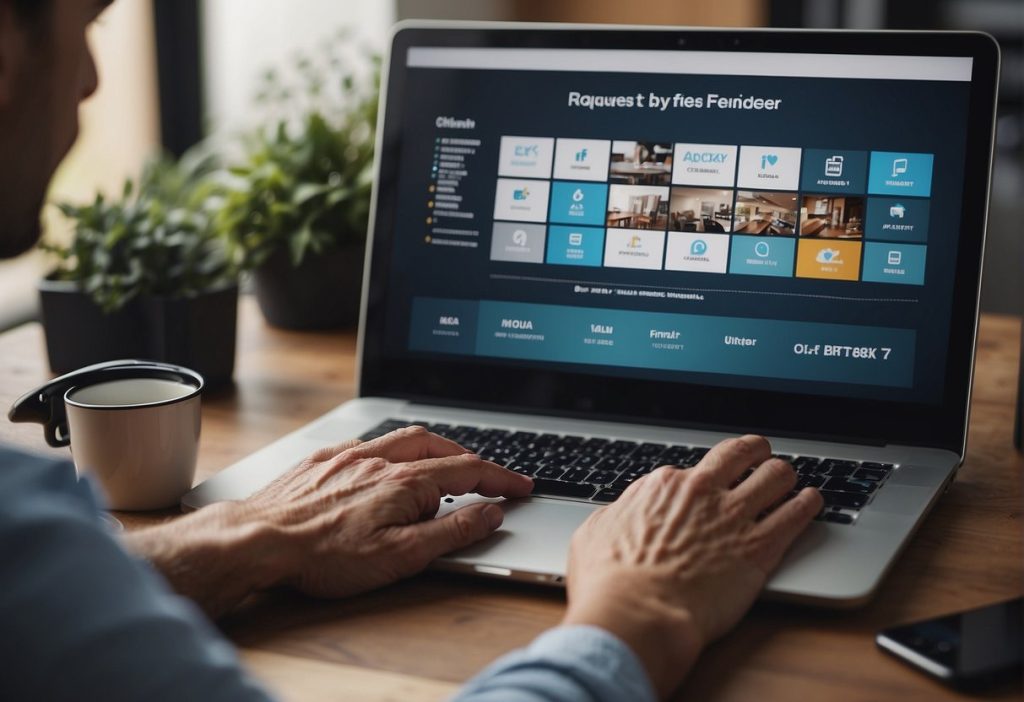 A person using a laptop to browse the internet and check their refund policy on FeetFinder.