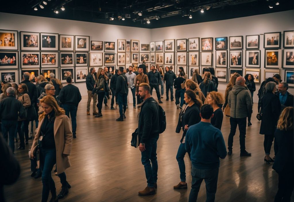 A group of people in a room admiring pictures on the wall featuring foot photography.