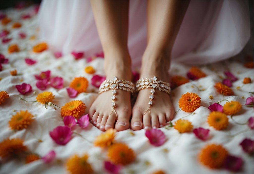A bride's pretty bare feet on a bed of flowers, showcasing the aesthetic foot care.
