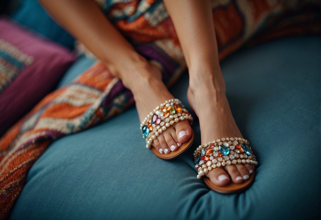 A woman wearing colorful sandals on a bed, showcasing Pretty Feet Essentials.