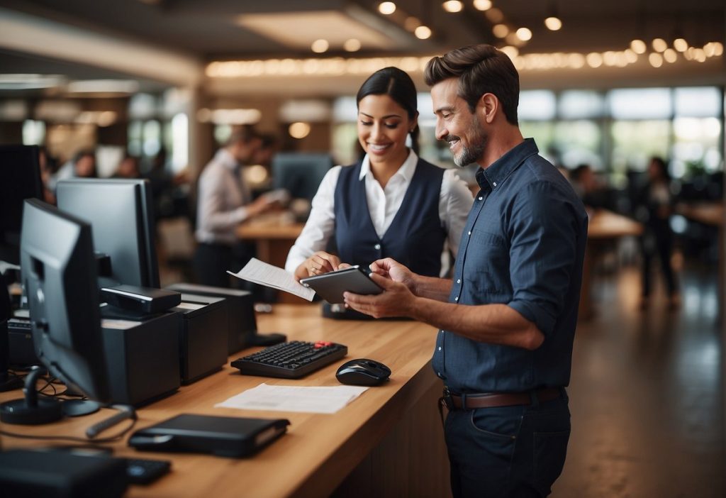 A man and woman working at a register in a store handling refunds and returns.
