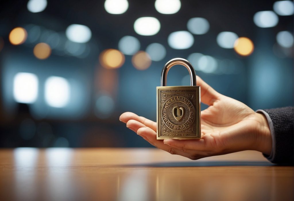 A man's hand holding a padlock in front of a table, representing excellence in customer service.