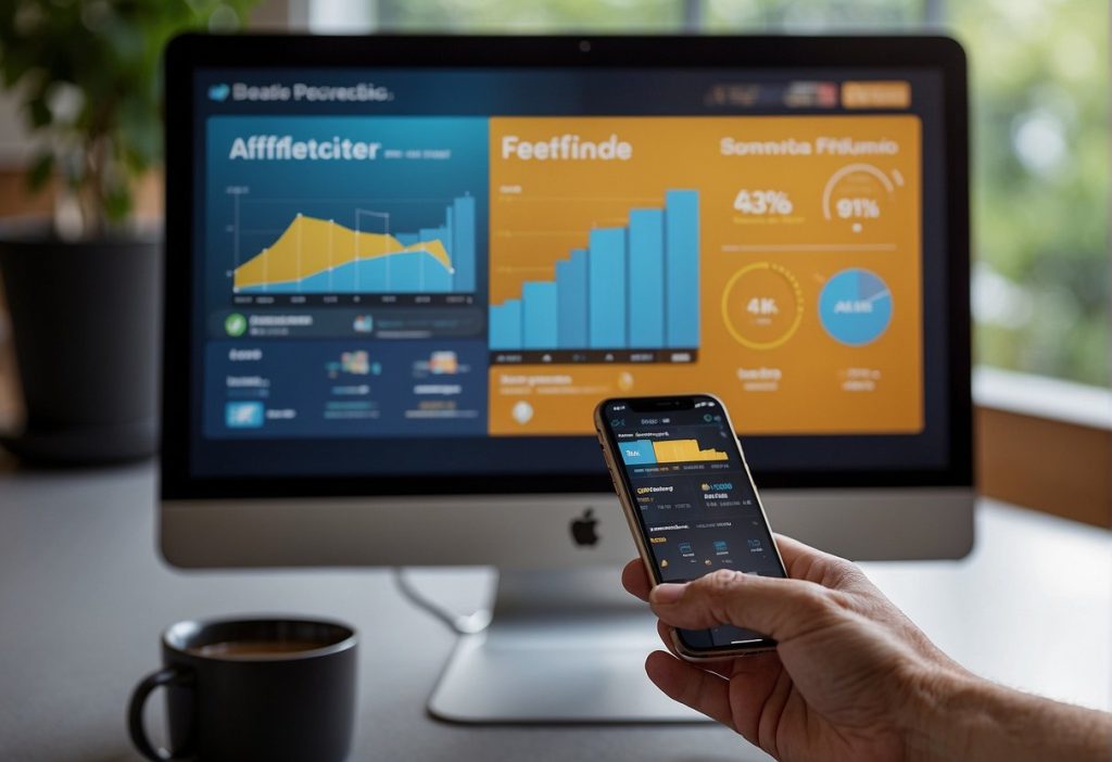 A person holding a phone while using a computer to maximize their earnings with the FeetFinder affiliate program.