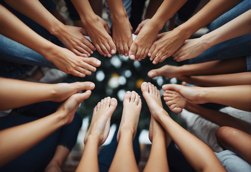 A group of people standing in a circle with their feet together.
