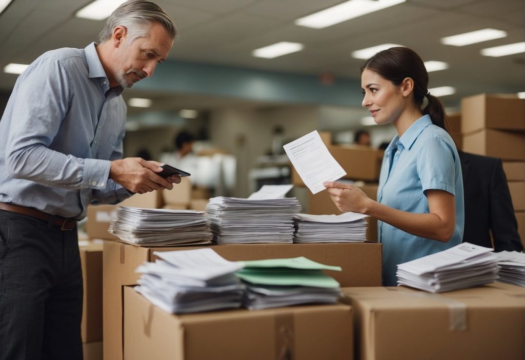 A man and woman in a warehouse navigating through paperwork related to returns and refund policy.