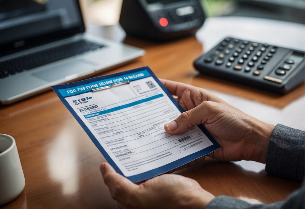 A man is holding a tax form in front of a laptop to navigate through the refund policy.