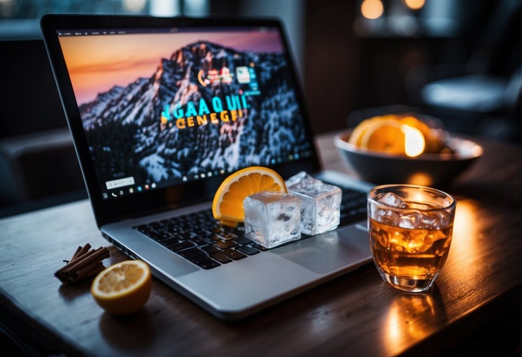 A laptop on a table next to a glass of iced tea.