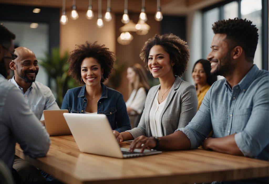 A group of people sitting around a table providing excellent customer service and support, while looking at a laptop.