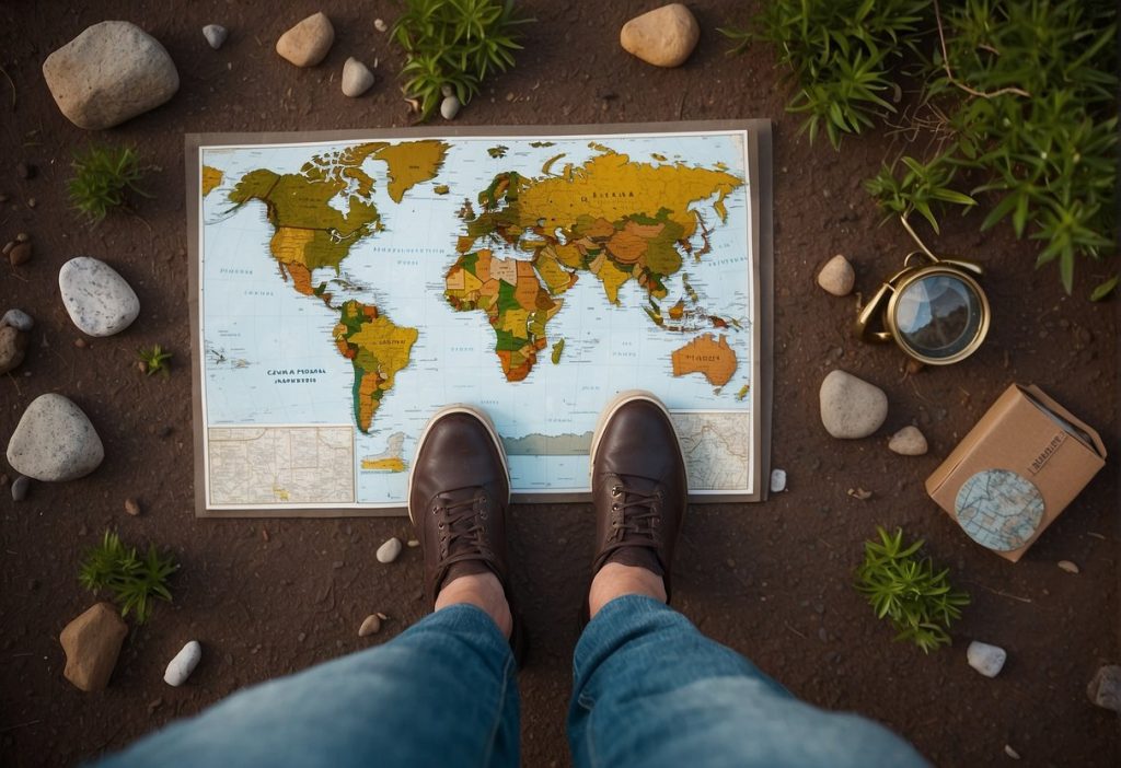 A man's feet standing on a world map while using a magnifying glass to locate information amidst a recent service disruption.