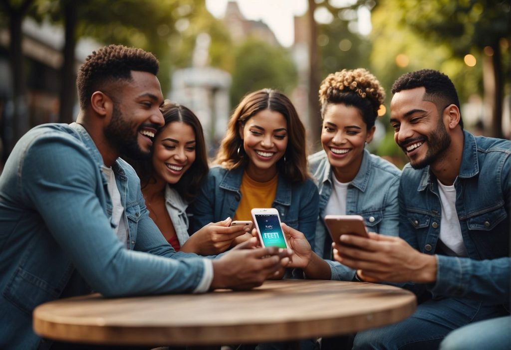 A group of people sitting around a table looking at their phones, possibly using the FeetFinder app.