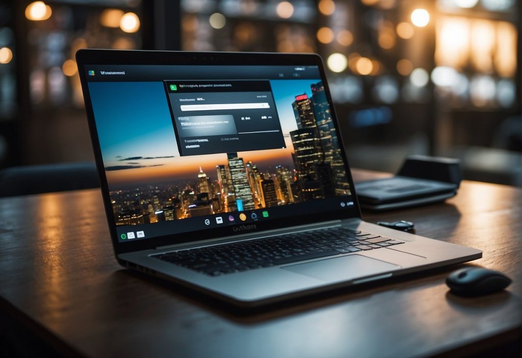 A laptop is sitting on a table with a view of a city, ready for monetization.