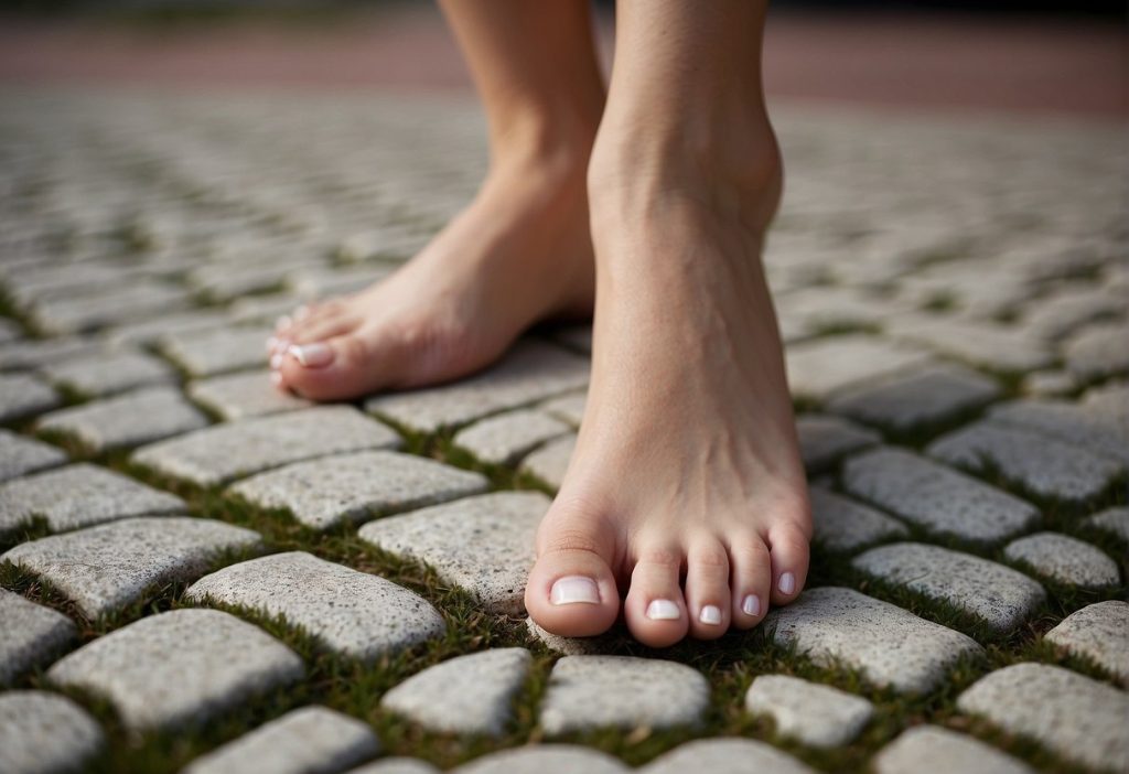 A woman's feet gracefully standing on a cobblestone street, exuding an aesthetic sense of beauty and highlighting the importance of pretty feet care essentials.