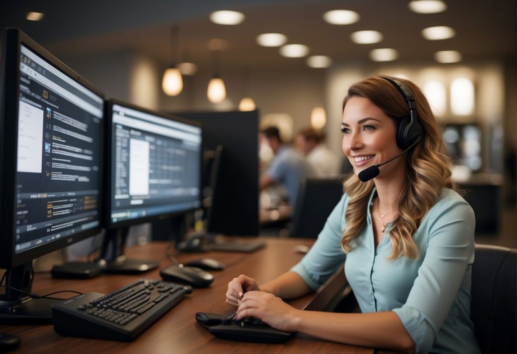 A woman wearing a headset providing Hassle-Free Support in front of two computer monitors.