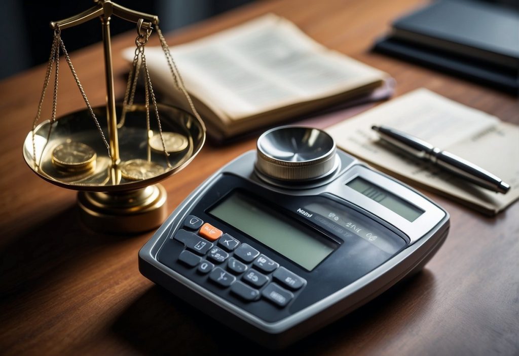On the table, there is a balance scale and a book.