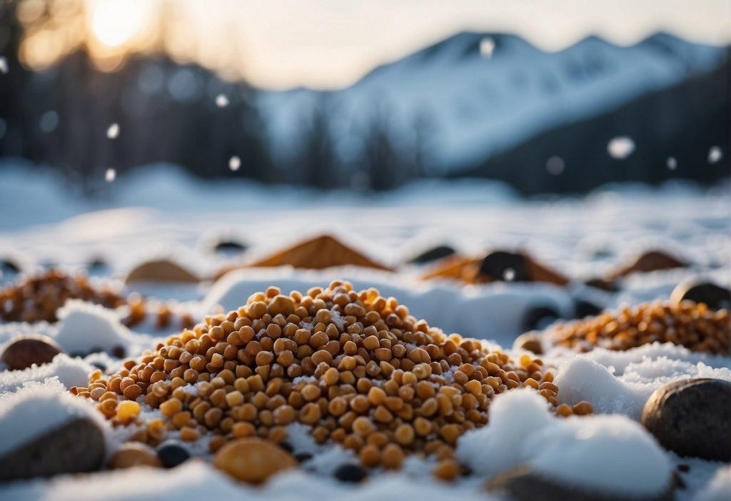 A pile of seeds in the snow with mountains in the background.