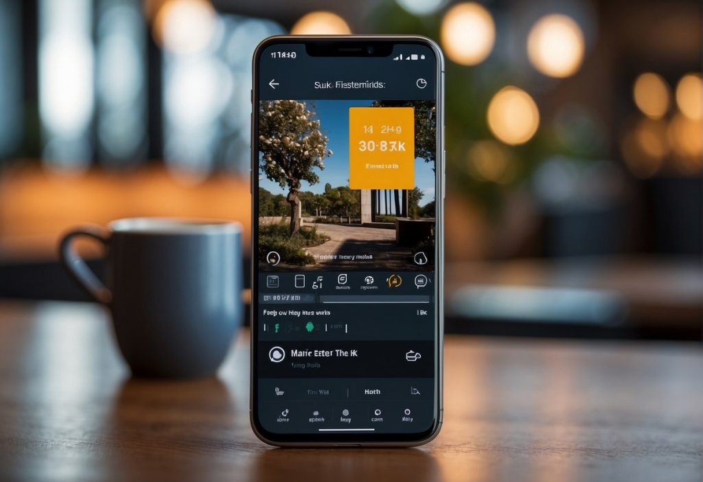 An iPhone displaying a hotel room photo on a table in the FeetFinder app.