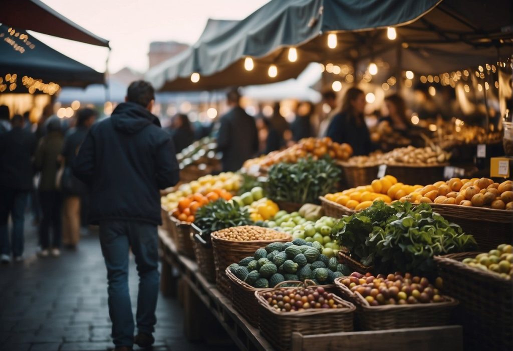 People walking through a market full of fruits and vegetables, captured for review on the social platform Feetify.