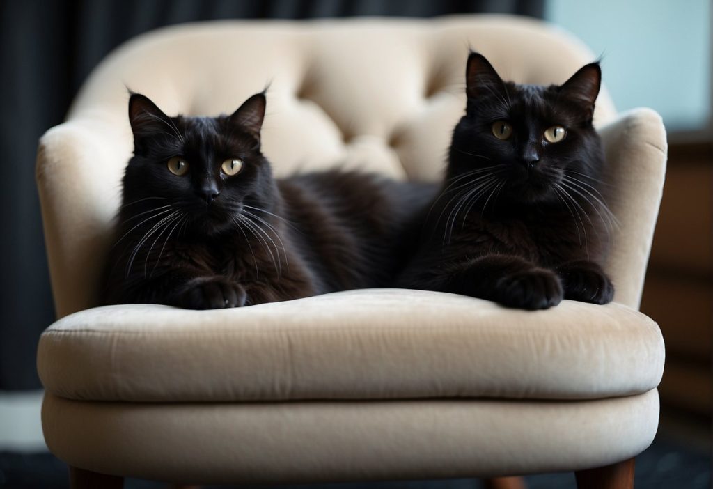 Two black cats sitting on a chair, with one resembling Doja Cat.