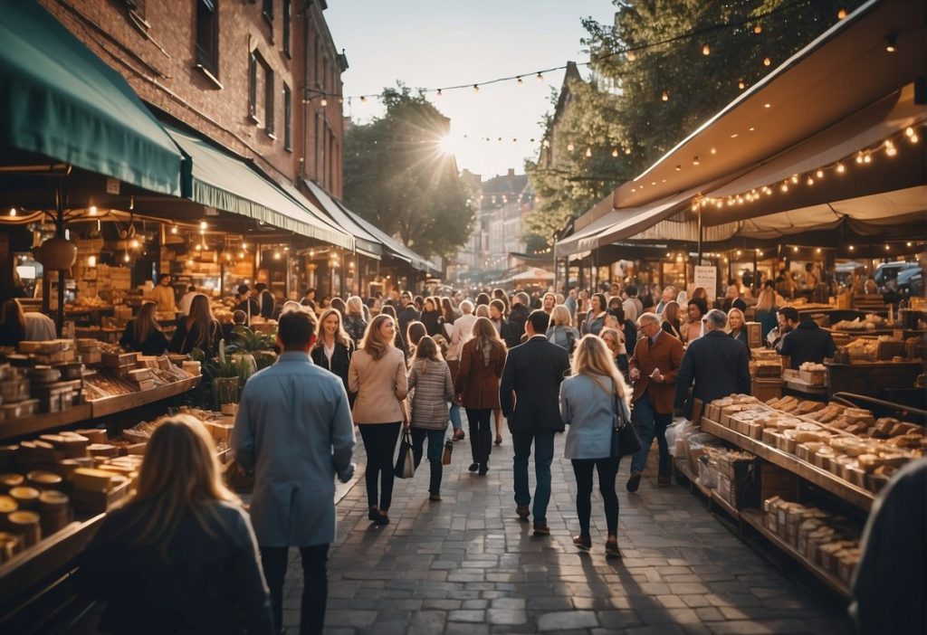 A crowd of people walking through a bustling market, with the opportunity for lucrative earnings through our Affiliate Program at FeetFinder.