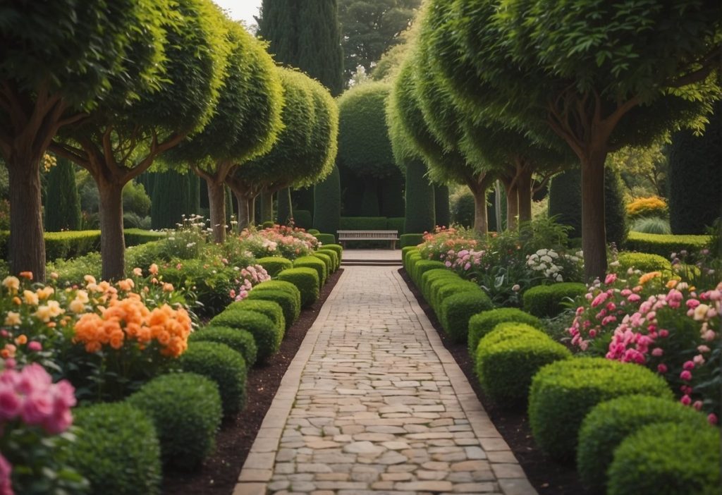 A garden pathway with unique social platform lined with trees and flowers in a garden.