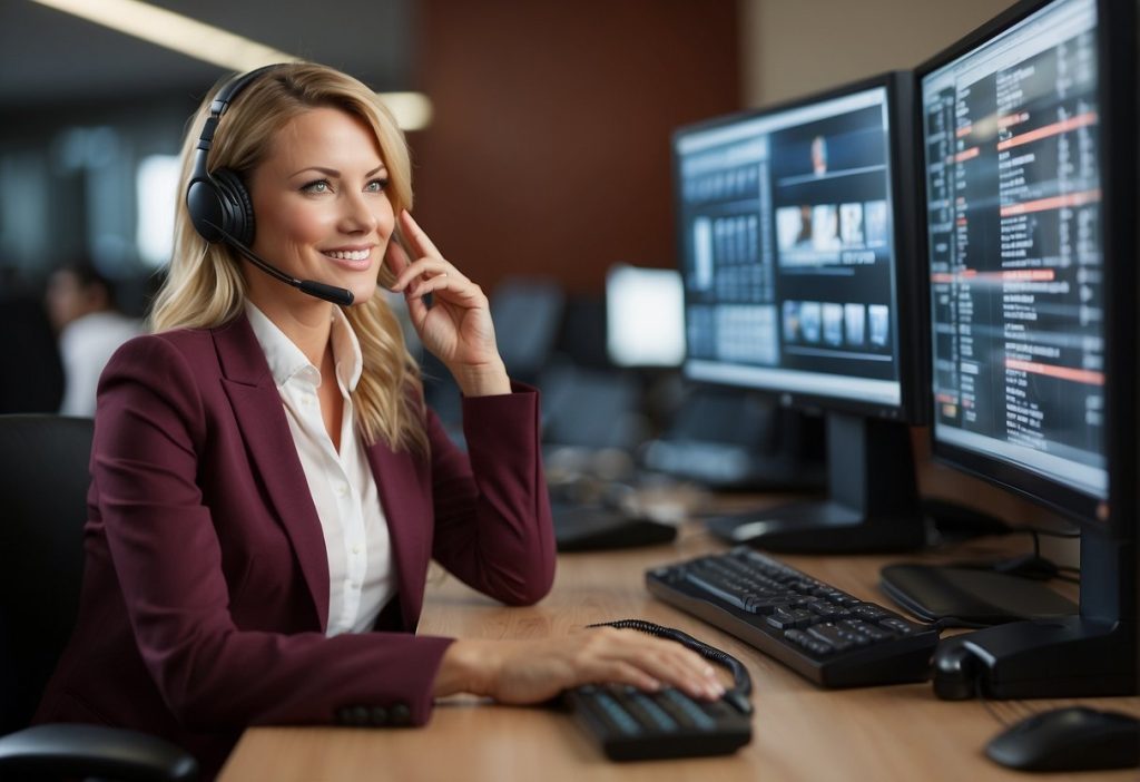 A woman wearing a headset in front of two monitors, providing hassle-free support and customer service excellence.